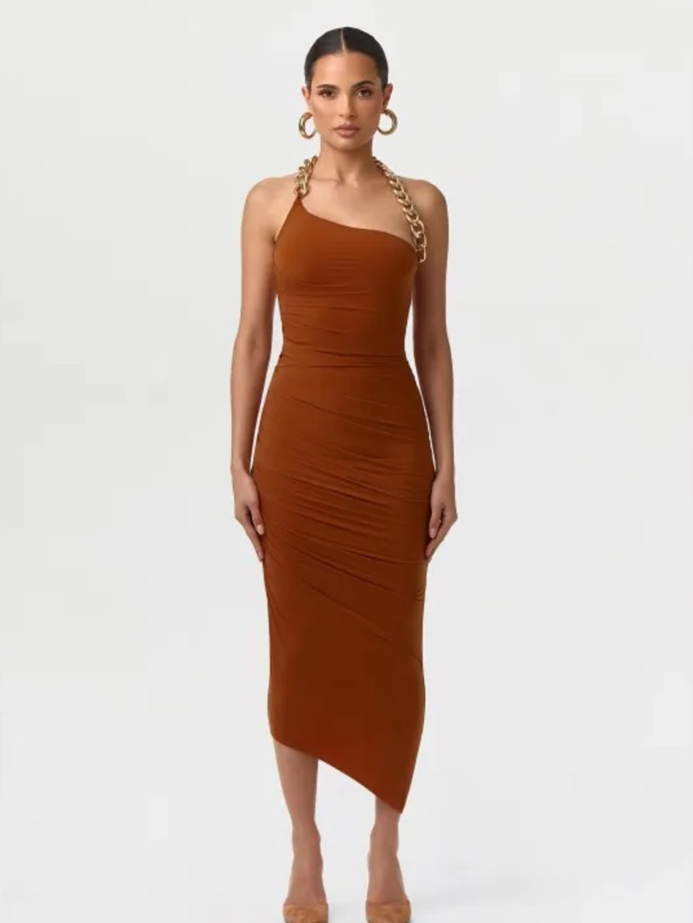 Naked Wardrobe Chain Detail Asymmetric Body-Con Halter Dress Caramel